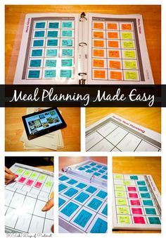 the meal planning made easy book is open and showing it's pages, including an ipad