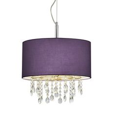 a chandelier with purple shade and crystal drops hanging from the bottom, on a white background