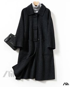 Zlily - Double-sided Wool Coat: Long Overcoat with Sheep Wool Casual Long Pea Coat With Pockets, Casual Wool Coat With Lapel Collar In Solid Color, Winter Sweater Coat With Button Closure And Lapel Collar, Winter Sweater Coat With Lapel Collar And Button Closure, Winter Long Sleeve Sweater Coat For Office, Casual Long Wool Coat In Solid Color, Casual Long Wool Coat Solid Color, Casual Long Solid Wool Coat, Casual Long Solid Color Wool Coat