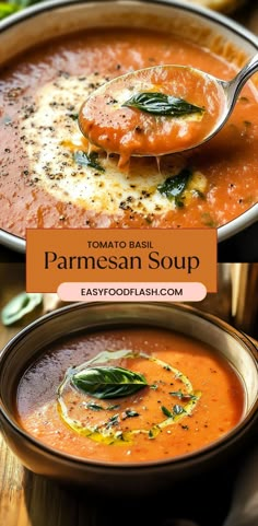 tomato basil parmesan soup in a bowl with a spoon