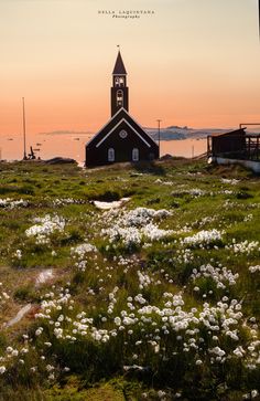 an old church sits in the middle of a field with wildflowers at sunset