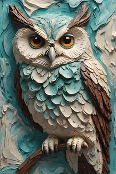 an owl painted on the side of a blue and white wall with brown leaves around it's eyes