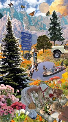 a collage of people and animals in the wild with flowers, trees, and mountains