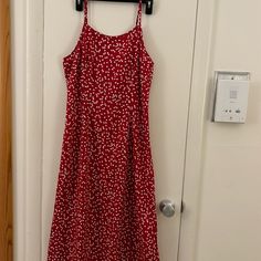 Never Worn, Cami Dress, Red With White Hearts All Over. Spaghetti Straps Are Adjustable, Has Zippered Closure In Back, A-Line Cut. Size L But Fits Like M. Red Summer Sundress Midi Length, Red Casual Midi Dress With Spaghetti Straps, Red Summer Sundress For Brunch, Red Midi Dress With Spaghetti Straps For Brunch, Casual Red Midi Dress For Brunch, Red Spaghetti Strap Midi Dress For Brunch, Red Sundress With Spaghetti Straps, Casual Red Sundress For Brunch, Casual Red Maxi Dress For Brunch