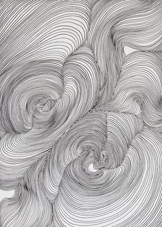 an abstract black and white drawing with wavy lines