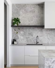 a kitchen with marble counter tops and white cabinets, along with a potted plant