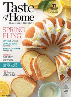 the cover of taste of home magazine with sliced cake and lemons on it's side