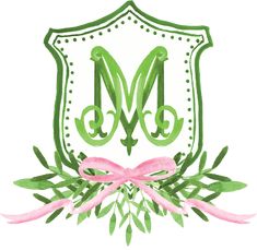 a watercolor drawing of the letter m with green leaves and pink ribbon around it