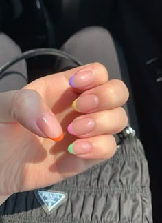 Tip Painted Nails, Aesthetic Nails French Tip Color, Short Nails Colorful French, Nail French Colorful, Cute Short Acrylic Nails French Tips Color, Short French Tip Nails Colorful, Easter French Tips, Colorful Nail French, French Nail Color Tips