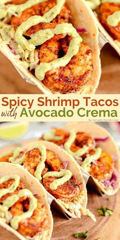 spicy shrimp tacos with avocado crema on a cutting board and in tortilla shells