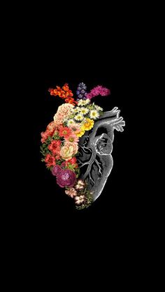 the human heart is filled with flowers and plants on a black background, as well as an image of a woman's face