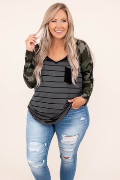 tops, casual, olive green, gray, charcoal, striped, camo, long sleeve Trendy Graphic Print Long Sleeve Top For Fall, Trendy Long Sleeve Top With Graphic Print For Fall, Trendy Graphic Print Tops For Layering, Trendy Tops For Layering In Fall, Chic Soul, Easy Chic, Off Shoulder Dresses, Midi Dress Party, Trendy Prints