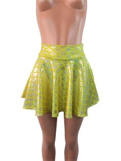 "Please measure yourself to see which length is right for you Yellow , Big round Shimmering mermaid scale print spandex skater skirt 15\" shown on mannequin. High waist skirt can be worn lower or higher most skirts allow you to place the waistline where it suits you, on your particular body shape and personal desire! this fun flirty skirt is a full circle design and can be ordered in lengths of 10 inch, 12 inch, 15 inch and 19 inch- if you need a longer length contact me for a quote. Any of my i Stretch Mermaid Skirt For Party, Summer Party Mermaid Bottoms, Fitted Mermaid Hem Skirt For Summer, Party Stretch Fishtail Skirt, Party Fishtail Skirt With Stretch, Stretch Fishtail Party Skirt, Summer Stretch Mermaid Bottoms, Fitted Green Mermaid Bottoms, Green Mermaid Dress For Spring