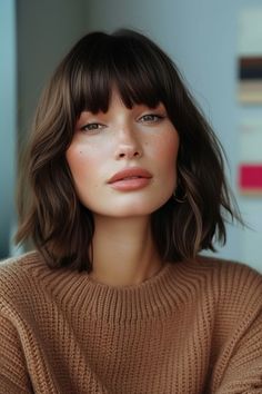 Indulge in the timeless elegance of a full fringe bob enhanced by warm chestnut highlights. Tap to see more classic hairstyles with a modern twist. Square Face Hairstyles, Bob Hairstyles With Bangs, Bob Haircut With Bangs, Longer Hair, Medium Hairstyles, Best Short Haircuts, Fringe Hairstyles, Square Faces, Haircuts With Bangs