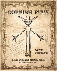 an old poster with the words cornish pixie on it