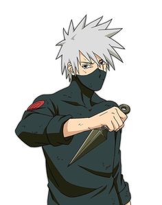 an anime character with white hair holding a knife and wearing a black mask on his face