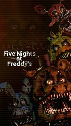 five nights at friedy's poster with creepy faces and fangs on the face