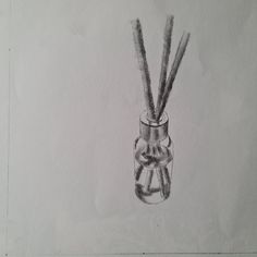 a pencil drawing of reeds in a glass jar