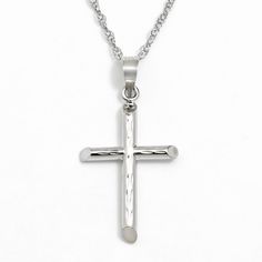 Divine shine. Diamond-cut details give this cross pendant a heavenly glow. You're sure to treasure this 10k white gold necklace. Tube design adds modern beauty to the cross. Details:  .94-in. pendant 18-in. 14k gold-filled chain Spring-ring clasp 10k white gold Size: One Size. Gender: female. Age Group: adult. White Gold Cross Pendant, Tube Design, White Gold Necklace, Gold Cross Pendant, White Gold Necklaces, Gold Cross, Gold Texture, The Cross, Gold Filled Chain