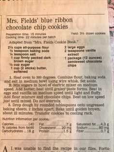 the recipe for mrs fields'blue ribbon chocolate chip cookies