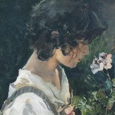 a painting of a woman with flowers in her hair looking down at the ground and to her left