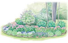 a watercolor drawing of a garden with flowers and trees in the background on a white background