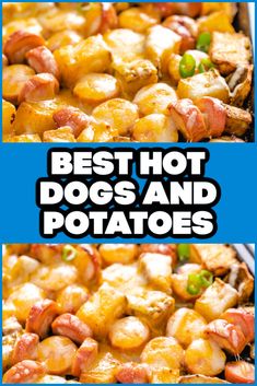 Two photos of cheesy hot dogs and photos in a collage. Recipes With Hot Dogs In Them, Easy Dinner Recipes Sheet Pan, Hot Dog And Potato Casserole, Hot Dog Stew Recipe, Potato Recipes Roasted, Potatoes Recipes Easy, Hot Dogs And Potatoes Recipe, Hot Dog And Potato Recipes, Dinner Recipes Sheet Pan