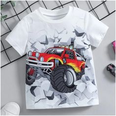 This Is A Nwt Young Boys Monster Truck Short Sleeve Tee. For Better Sizing The Measurements Are As Followed: Size “130” (About 6y In My Opinion) Pit To Pit: ~14.5” Shoulder To Hem: ~19.5” Size “100” (About 4y In My Opinion) Pit To Pit: ~12.5” Shoulder To Hem: ~ 16” Teen Crop Tops, Hip Hop Dance Outfits, Black Teddy Bear, Baseball Graphic Tees, Fashion Terms, Truck Shirts, Tiger Shirt, Boys Summer Outfits, Girls Graphic Tee