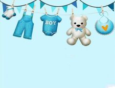 there is a teddy bear and baby clothes hanging on a line with buntings