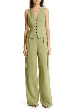 Cargo-style pockets lend practical appeal to high-waist pants kept free-flowing with a wide-leg silhouette. 34" inseam; 26" leg opening; 14 1/2" front rise; 18" back rise (size 8) 83% rayon, 17% nylon Dry clean Imported Versatile Wide-leg Cargo Pants For Spring, Chic High-waisted Wide Leg Pants With Patch Pockets, Chic Full-length Pants With Patch Pockets, Spring Wide Leg Pants With Pockets, Chic Rayon Wide Leg Pants With Pockets, Fitted High-waisted Rayon Pants, Spring Wide Leg Pants With Welt Pockets, Spring Workwear Pants With Flap Pockets, Spring Wide Leg Pants With Patch Pockets For Work