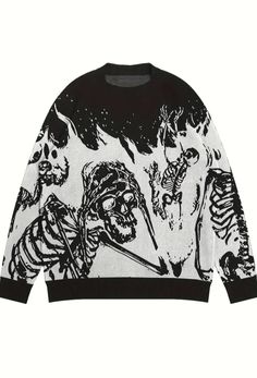 Oversized Sweater Men, Y2k Long Sleeve, Boys Pattern, Chic Shirts, Skull Pattern, Knit Men, Style Noir, Cotton Pullover