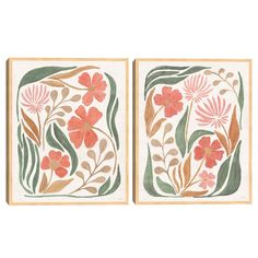 two paintings with flowers and leaves on them