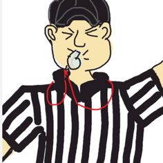 a referee is pointing at something with his finger in the air and wearing a black and white striped shirt