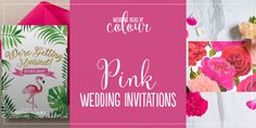 pink wedding stationery with flamingos, roses and palm leaves on the left side