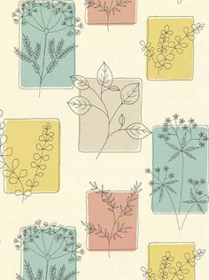 a wallpaper with flowers and leaves on white background in pastel colors, including blue, pink, yellow, green