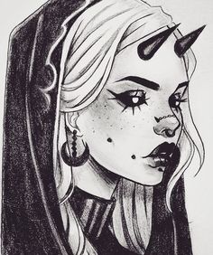 a black and white drawing of a woman with horns