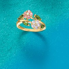 Ross-Simons - .93 ct. t. w. Multi-Gem Flower Ring in 18kt Gold Over Sterling. Size 9. Our ring is the pick of the season with pretty blooms of .93 ct. tot. gem wt. pink tourmaline, white topaz, tanzanite and green chrome diopside in a bypass design. 18kt yellow gold over sterling silver setting. Multi-gemstone flower ring. Green Chrome, Fine Jewelery, Jewelry Essentials, Dream Jewelry, Multi Stone, Flower Ring, White Topaz, Pink Tourmaline, Floral Rings