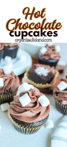 hot chocolate cupcakes with marshmallows on top and in the middle