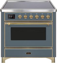 36" Freestanding Electric Induction Range with 5 Elements, 3.5 Cu. Ft. Capacity, Warming Drawer, Self-Clean, and Fast Pre-Heat: Blue Grey with Brass Trim. Magnetic waves induce heat directly in the pan for quick boiling and intense sears, leaving less heat on the surface. The large capacity oven gives plenty of space to cook multiple dishes. It provides storage for pots and pans. It also serves as the dish warmer drawer by using the residual heat from the oven for heating up your plates. Makes c Bosch Kitchen, Ilve Range, Freezer Accessories, Freestanding Cooker, Kitchen Centerpiece, Induction Range, Luxury Appliances, Brass Trim, Cool Doors