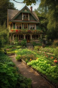 a house with many plants in front of it