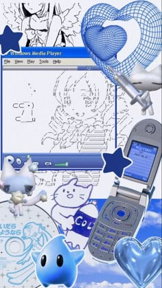 an image of a cell phone and other items on a computer screen with blue background