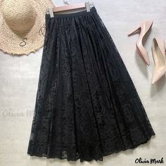 Olivia Mark - Lace High-Waisted Hollow-Out Maxi Skirt with Flowy Hem and Bold A-Line Design Black Lace Summer Skirt, Black Lace Skirt For Summer, Black Lace Skirt For Spring, Spring Black Lace Skirt, Black Lace Skirted Bottoms, Black Lace Long Skirt, Line Design, Olivia Mark, A Line Skirts