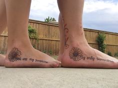 two people with sunflower tattoos on their feet