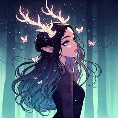 a woman with long hair and deer antlers on her head in the woods, surrounded by butterflies