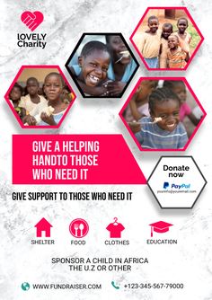 a flyer for charity with images of children and the words give a helping hand to those who need it