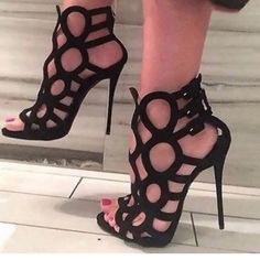 Size Unknown; Fits Like A 7.5/8 Black Suede Gently Used Designer Strappy Sandals For Party, Designer Black Strappy Sandals, Glamorous Black Strappy Sandals, Designer Black Strappy Heels, Glamorous Black Strappy Heels, Black Dress Sandals, Caged Shoes, High Heels Classy, Gladiator Sandals Heels