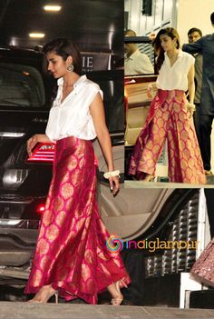 Alia Bhatt Banarasi Plazo Suit, Alia Bhatt In Western Wear, Pink Plazo Outfit, Brocade Trousers Outfit, Palazzo With Shirt, Wrap Trousers Outfit, Pink Palazzo Outfit, Brocade Pants Outfit, Wrap Trousers