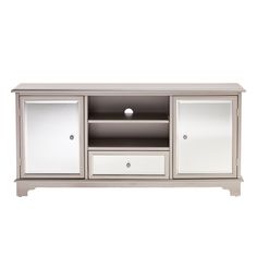 an entertainment center with mirrored doors and drawers on the bottom, in white wood finish