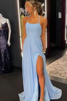 This Dress is fashionable for every occasion. the dress is made-to-order by professional tailors. You can choose from 50 colors, Regular sizes 2 to 16 and plus sizes 14w to 26W. Custom size is also available.. The product details: Color: Sky Blue, Length: Long, Neckline: Spaghetti Straps, Primary Fabric: Chiffon, Silhouette: A-Line Prom Dresses Halter, Halter Prom Dresses, Blue Dress Formal, Cute Prom Dresses, Dress Chiffon, Grad Dresses, Dresses Elegant, Prom Dresses Long With Sleeves, Professional Dresses