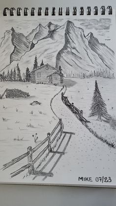 a drawing of a mountain scene with a fence